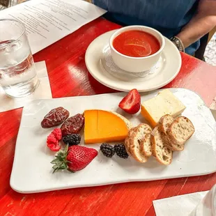 Watermelon gazpacho and cheese board   Le Plateau De Fromages