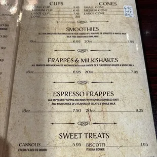 Gelato, Sorbet, Smoothies, Frappes, Milkshakes, Espresso and Sweets