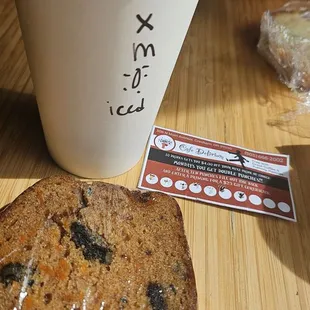 My iced coffee was really good today and the carrot zucchini bread super good