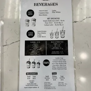 Beverages menu