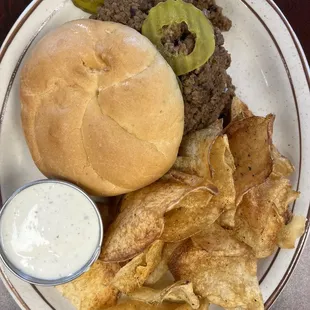 Maid-rite with homemade potato chips and ranch dressing