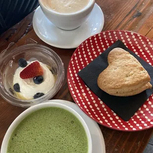 Vanilla latte, Greek yogurt, raspberry scone, strawberry matcha latte