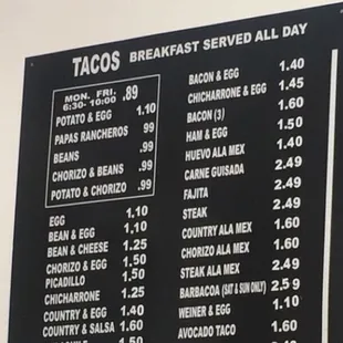 Tacos menu breakfast served all day!