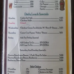 Back of menu