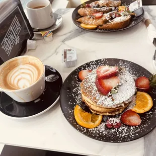 Pancakes &amp; French Toast! And a delicious cappuccino.