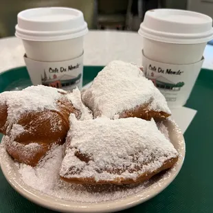 An order of beignets and 2 cafe au laits