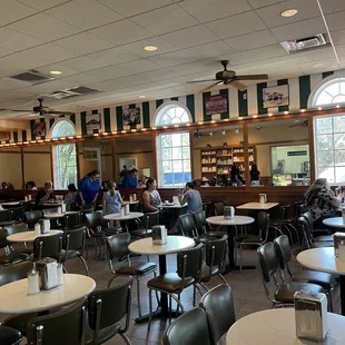 people sitting at tables and eating