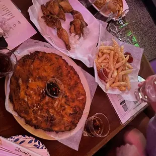 kimchi pancake, fried chicken, fries &amp; teokbokki w/ cheese onion and noodles
