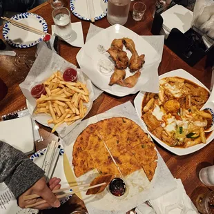 Fried chicken (my favorite thing ever), tteokbokki + cheese + ramen noodles, kimchee pancake, french fries