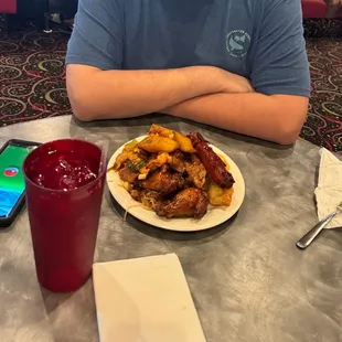 Ginger Chicken Wings, lo mein, plantains.