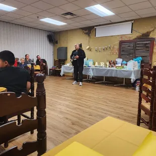 Good for events. This is our neighborhood organization, alderman addressing us, then a baby shower for a neighbor.