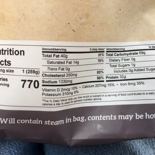 the nutritional label on a bag of food