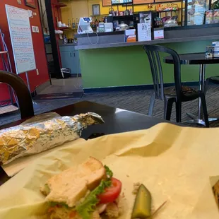 Chicken Salad Sandwich and Breakfast Burrito