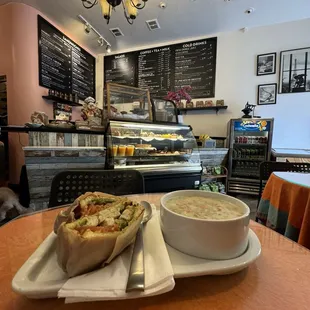 a plate of food and a bowl of soup