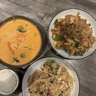 Authentic Thai Red Curry, Basil Fried Rice, drunken noodles