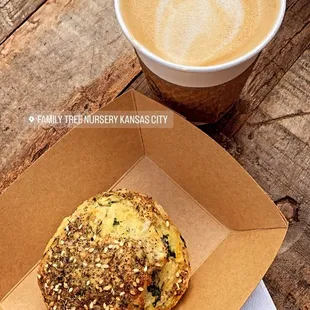 a cup of coffee and a bagel