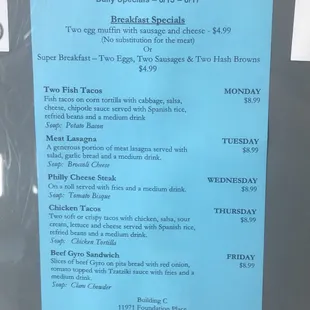 menu for breakfast specials