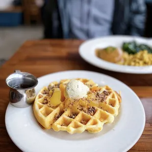 Apricot &amp; Apple Belgian Waffle | cornmeal belgian waffle, apricot-apple compote, sage butter, millet-quinoa crumble