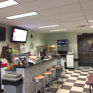 a checkered floor and counter area