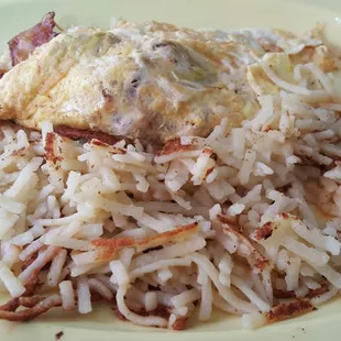 3 meat and cheese omlette.   Ham, bacon and sausage!  And who doesn't like hash browns?!