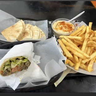 Beef Wrap, Hummus with pita, Fries