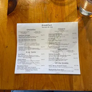 Breakfast menu
