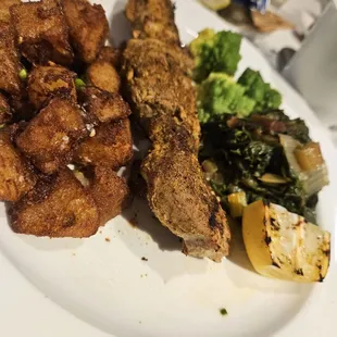 Pork shoulder skewers with Swiss chard,  potatoes &amp; broccoli