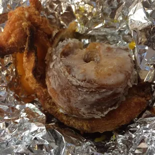 Glazed Kronut Fried Chicken, cheddar cheese sandwich.
