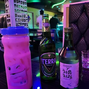 Strawberry melona soju, beer, and soju