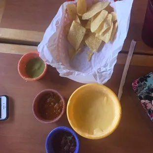 Queso(!!), salsas and chips (half eaten because I was hungry and didn't have the self control to take a pic first)
