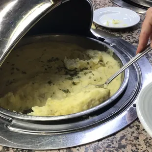 The hot foods area: Mashed potatoes!