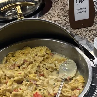 The hot foods area: Tortellini with shrimp!