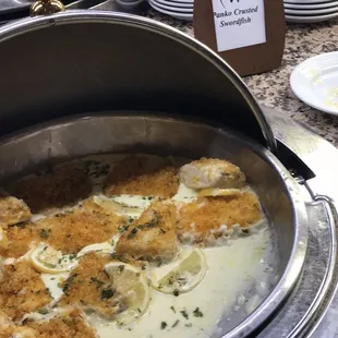 The hot foods area: Panko crusted swordfish!