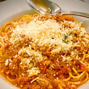 Thin spaghetti with bolognese sauce. Delicious.