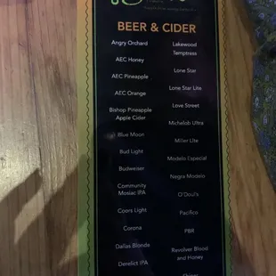 beer &amp; cider drink menu