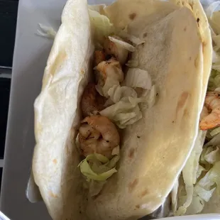 The saddest shrimp tacos with iceberg lettuce