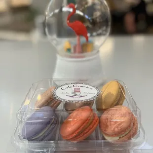 a container of macarons and a snow globe