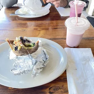 2 eggs, cheese, avocado, potato, and salsa burrito 10/10; strawberry, banana, and milk smoothie also 10/10!