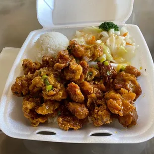 a styrofoam takeout box with chicken, rice, and broccoli
