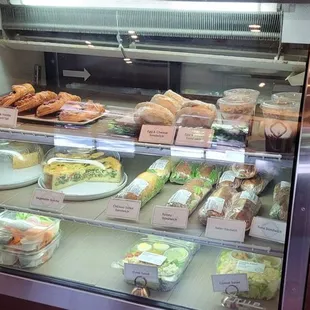 a display case filled with food