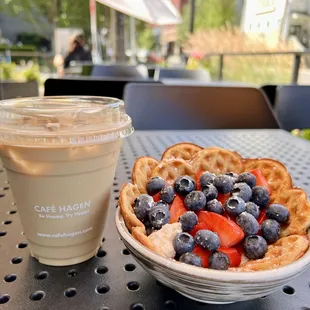 Lavender Butterfly Latte and Seasonal Jam Waffle with fruit