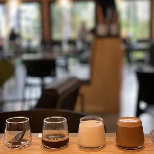 Mokka flight (chocolate, espresso, milk steamer, mocha)