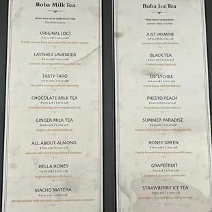 Boba milk tea &amp; ice tea menu