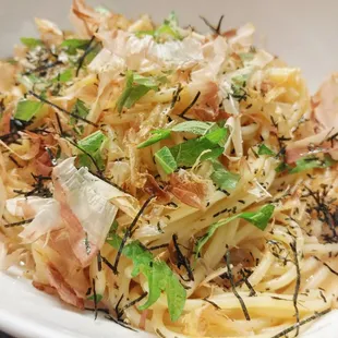 Miss B's favorite Japanese style pasta: ume (plum) shiso (oba mint leaf) spaghettini.