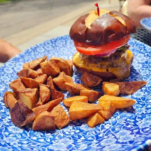Smashed beet burger with home fries