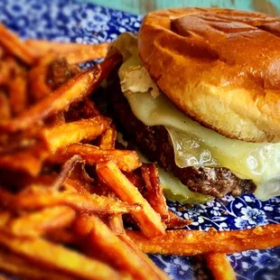 Mushroom Swiss on Brioche bun, with sweet potato fries