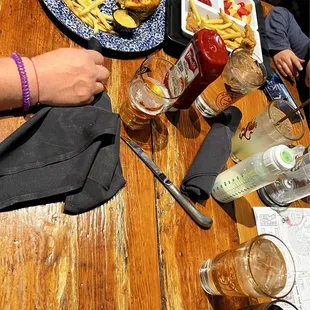 Everyone finishing eating while the app and my entree were not there and taken back, almost never to be seen again, lol.