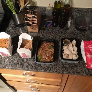a variety of food items on a counter