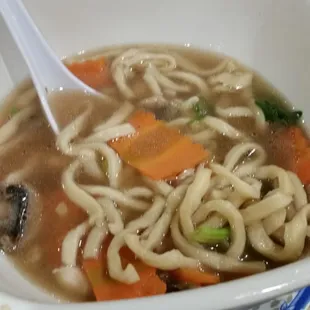 Yum! Hand made noodle soup with shrimp, beef and chicken