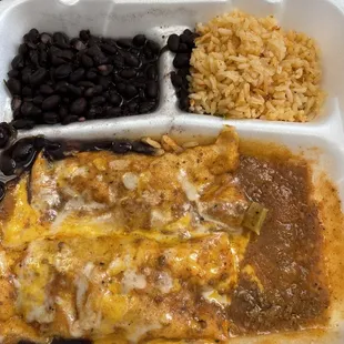 Beef enchiladas with black beans and Spanish rice